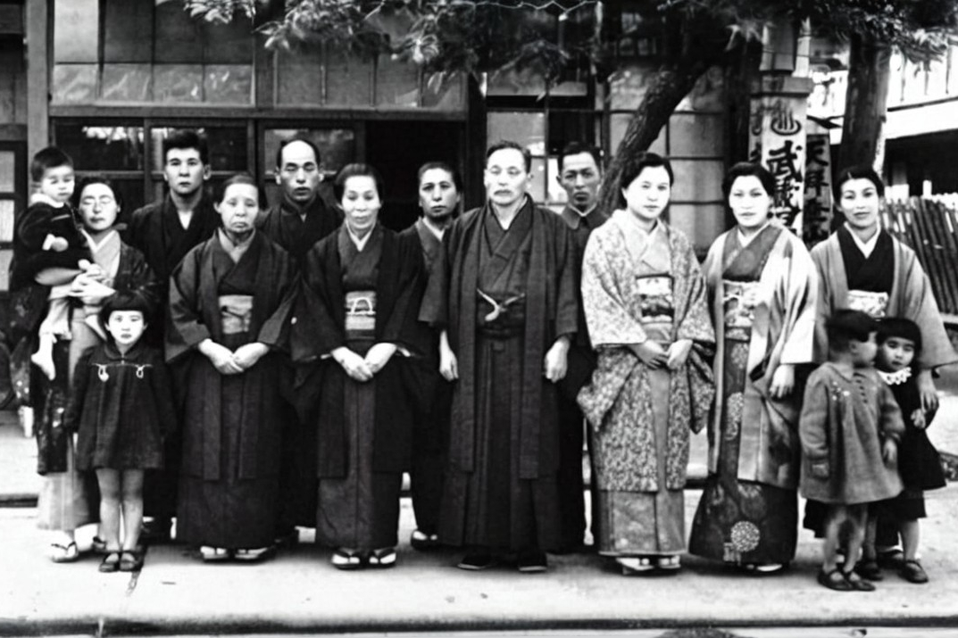 Makiguchi (au centre) entouré de membres de la Soka Kyoiku Gakkai, Fukuoka, Kyushu, 1941. [© Seikyo Press]